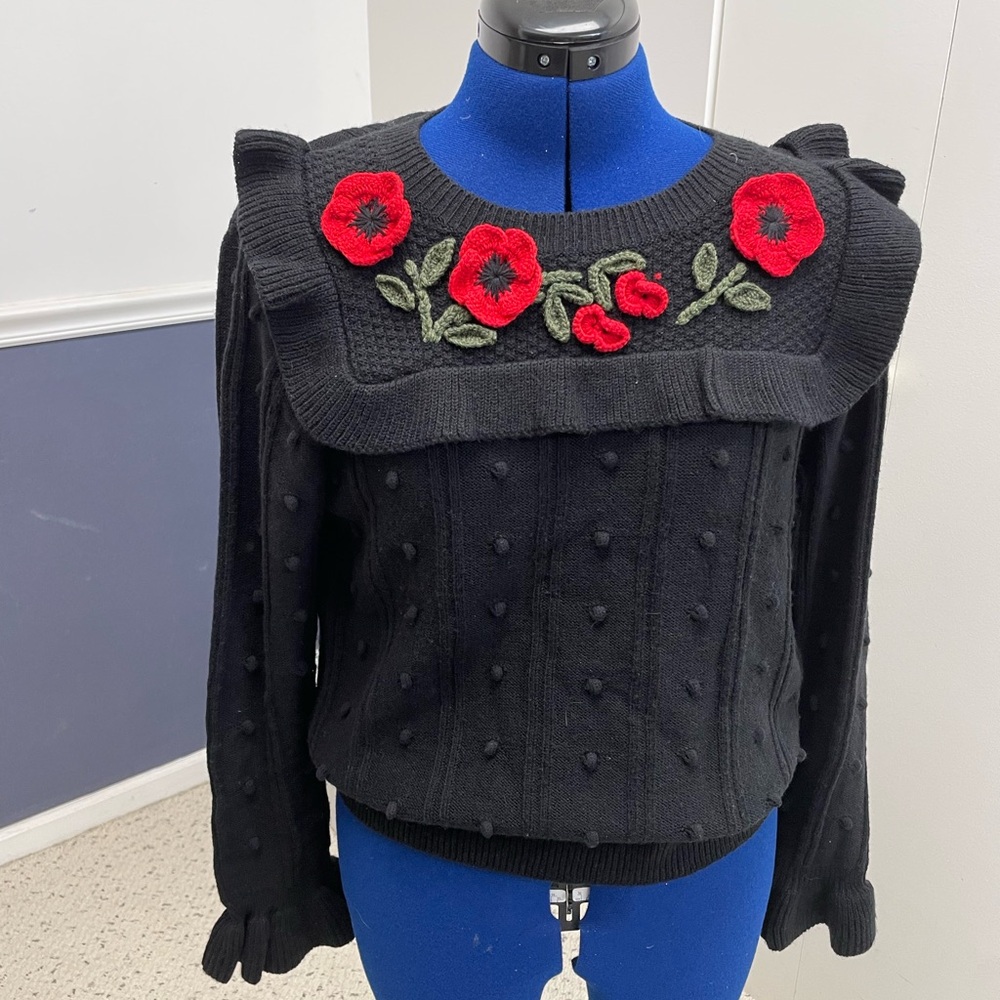 Black Sweater with Red Floral Embroidery